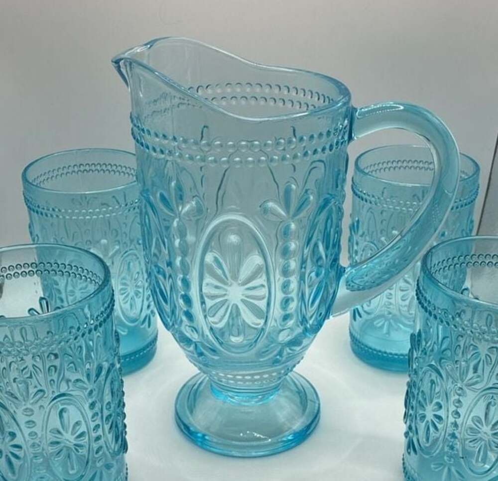 Vintage-Inspired Embossed Light Blue Glass Pitcher And 4 Tumbler Drinking Glasse